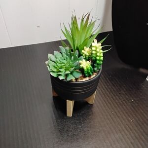 Elegant Black and Gold Planter with Faux Succulents